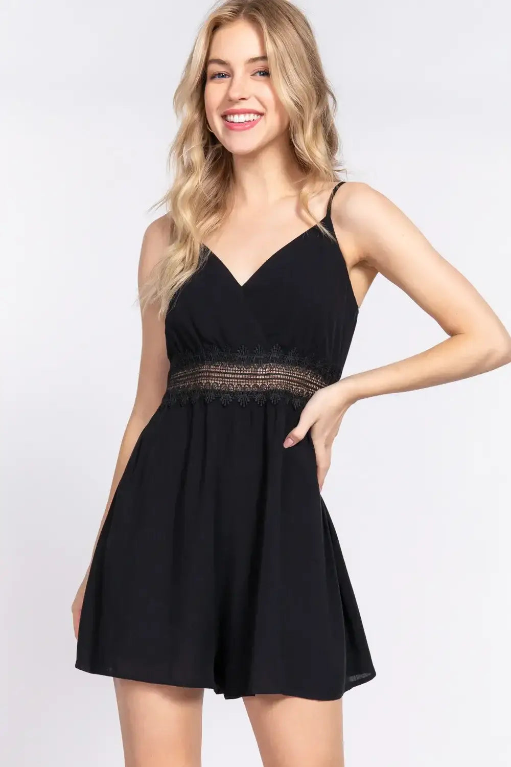 Black lace trim cami romper with waist lace trim for stylish summer wear