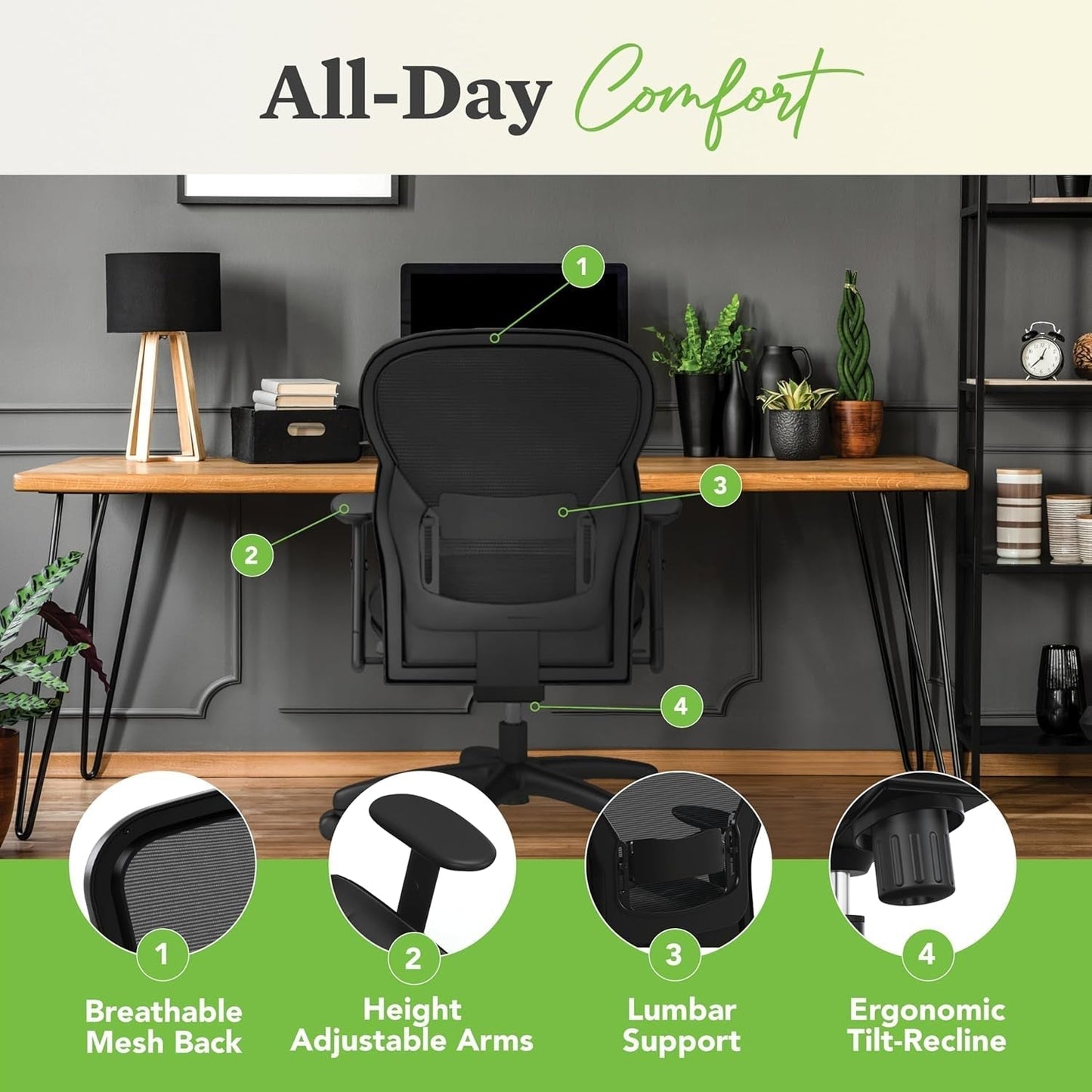 Wave High Back Office Chair Ergonomic Office Chair with Leather Seat, Breathable Back Mesh Desk Chair with Wheels and Arms, 360 Swivel, Synchro-Tilt Recline - Comfortable Home Office Desk Chair-3