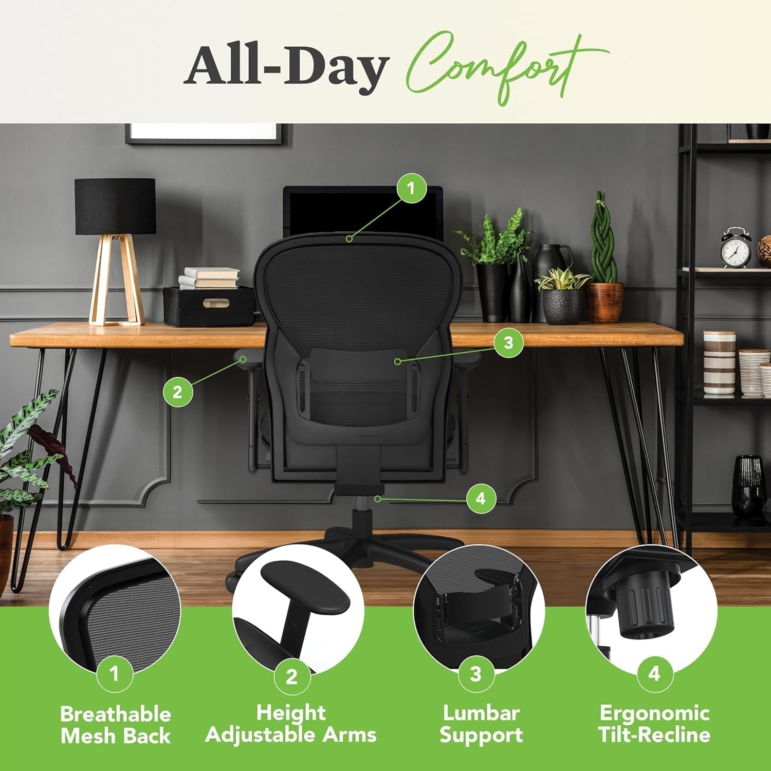 Wave High Back Office Chair Ergonomic Office Chair with Leather Seat, Breathable Back Mesh Desk Chair with Wheels and Arms, 360 Swivel, Synchro-Tilt Recline - Comfortable Home Office Desk Chair-3