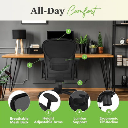 Wave High Back Office Chair Ergonomic Office Chair with Leather Seat, Breathable Back Mesh Desk Chair with Wheels and Arms, 360 Swivel, Synchro-Tilt Recline - Comfortable Home Office Desk Chair-3