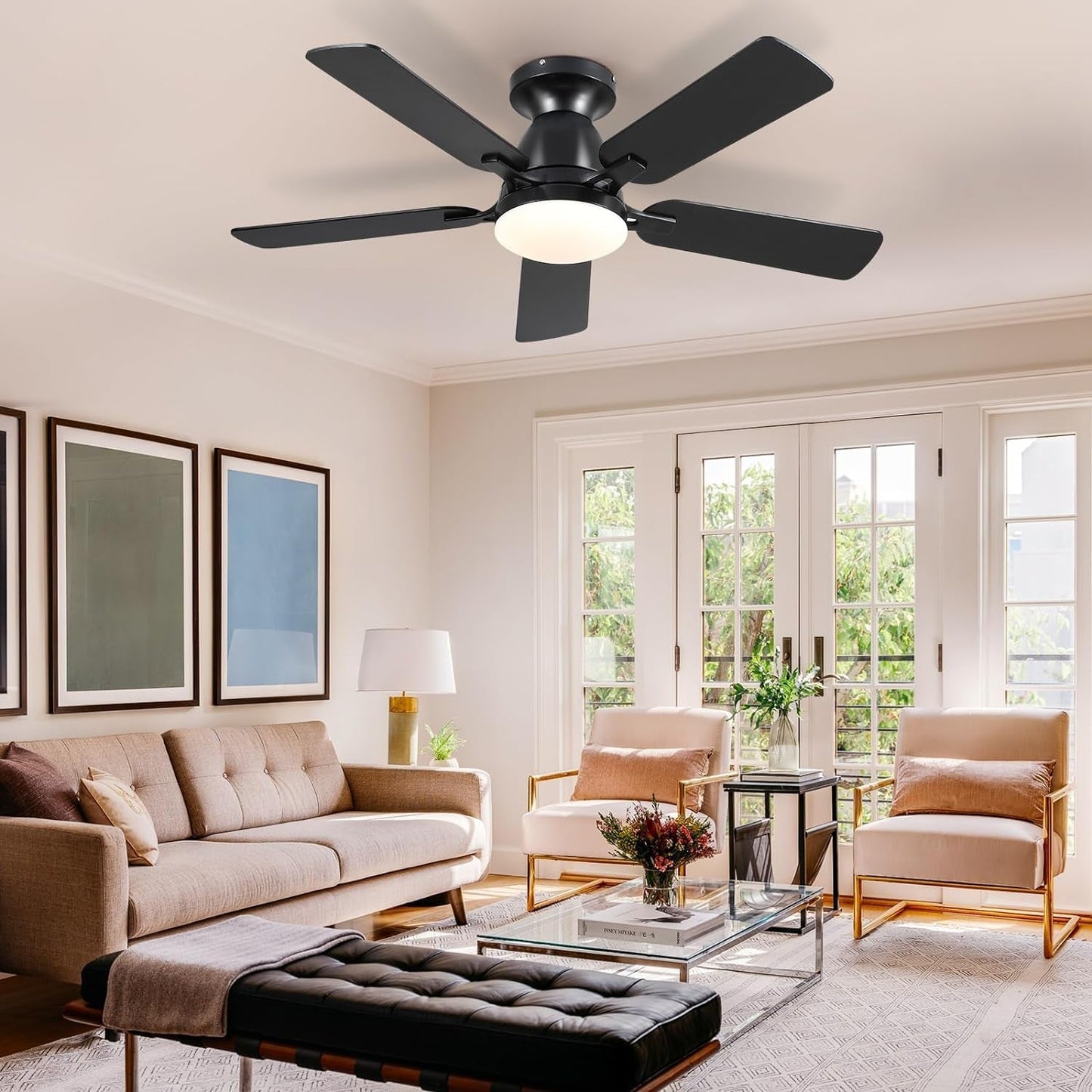Ceiling Fans with Lights- 46" Low Profile Indoor Ceiling Fan with Light and Remote/App Control, Flush Mount, LED Dimmable DC Reversible Modern Ceiling Fan for Bedroom（Black）-0