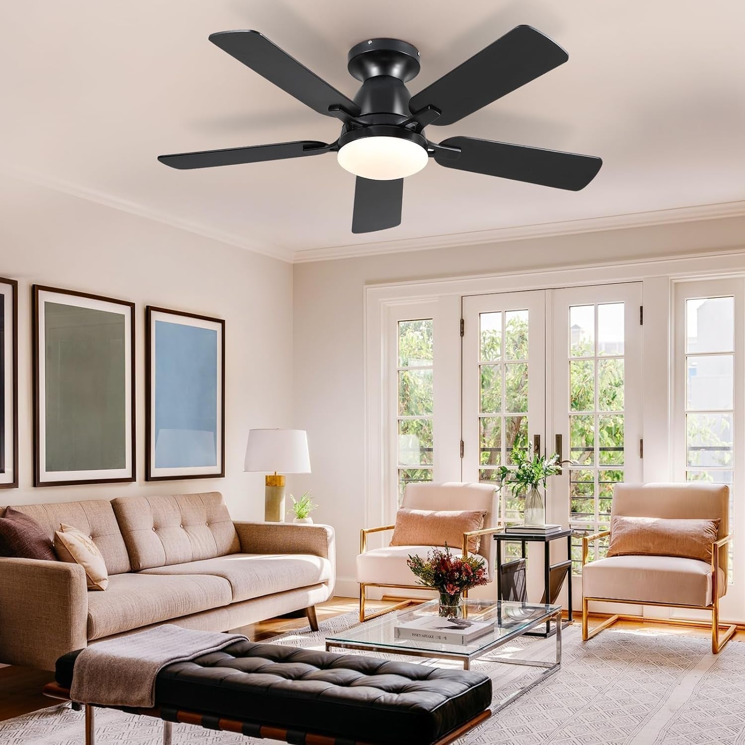 Ceiling Fans with Lights- 46" Low Profile Indoor Ceiling Fan with Light and Remote/App Control, Flush Mount, LED Dimmable DC Reversible Modern Ceiling Fan for Bedroom（Black）-0