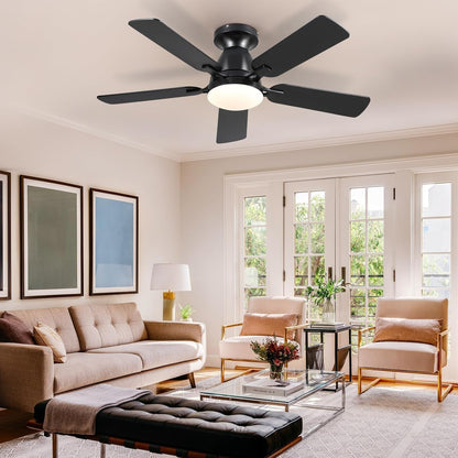 Ceiling Fans with Lights- 46" Low Profile Indoor Ceiling Fan with Light and Remote/App Control, Flush Mount, LED Dimmable DC Reversible Modern Ceiling Fan for Bedroom（Black）-0