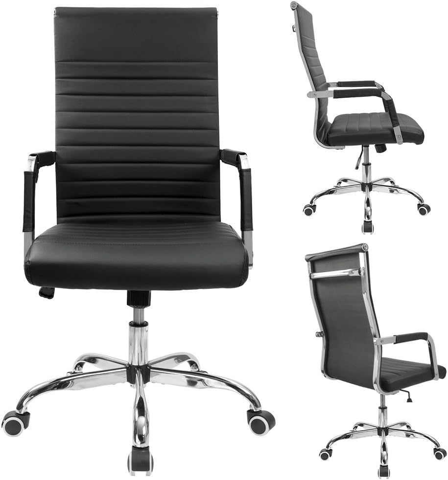Ribbed Office Desk Chair Mid-Back PU Leather Executive Conference Task Chair Adjustable Swivel Chair with Arms (Black)-3