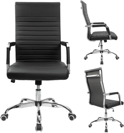 Ribbed Office Desk Chair Mid-Back PU Leather Executive Conference Task Chair Adjustable Swivel Chair with Arms (Black)-3