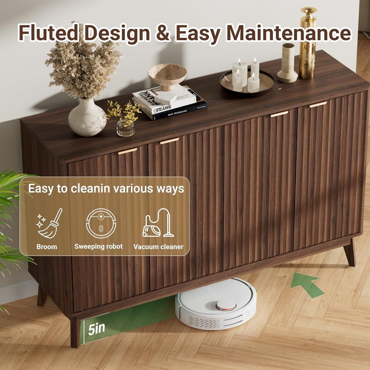 Walnut Fluted Sideboard Buffet 55Inch Adjustable Shelves-3