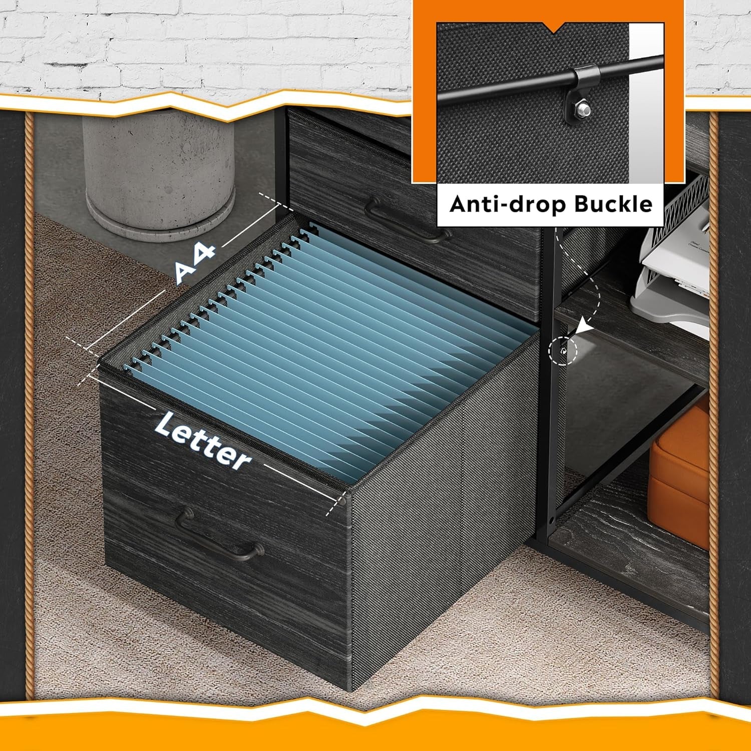 3 Drawer Mobile File Cabinet, Rolling Printer Stand with Open Storage Shelf, Fabric Lateral Filing Cabinet Fits A4 or Letter Size for Home Office, Charcoal Black Wood Grain Print-4