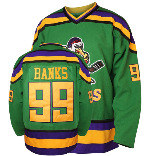 Green and purple Adam Banks #99 Mighty Ducks Movie Hockey Jersey on White Green background