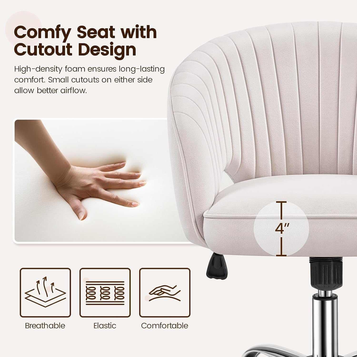 Cute Desk Chair Velvet Chair Vanity Chair with Wheels Home Office Chair Upholstered Modern Swivel Chair with Tufted Barrel Back for Study, Vanity, Bedroom Cream-3