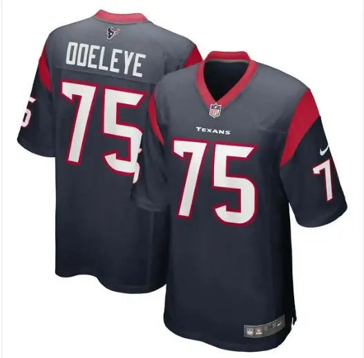 Dark blue Houston Texans Nike Game Player Jersey with number 75 and Odeleye on back