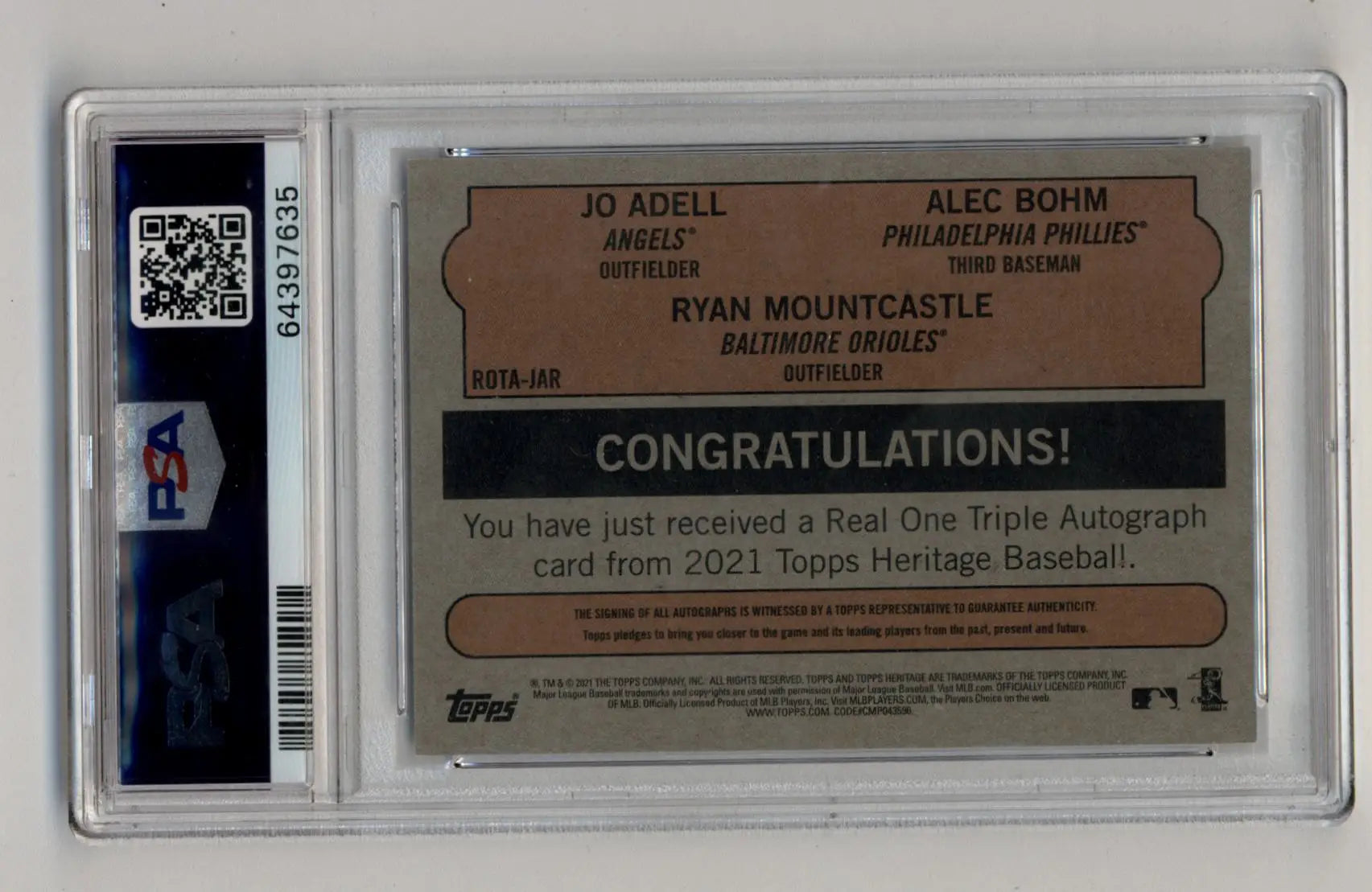 2021 Topps Heritage baseball card Adell Bohm Mountcastle Triple Auto PSA 10 Gem Mint