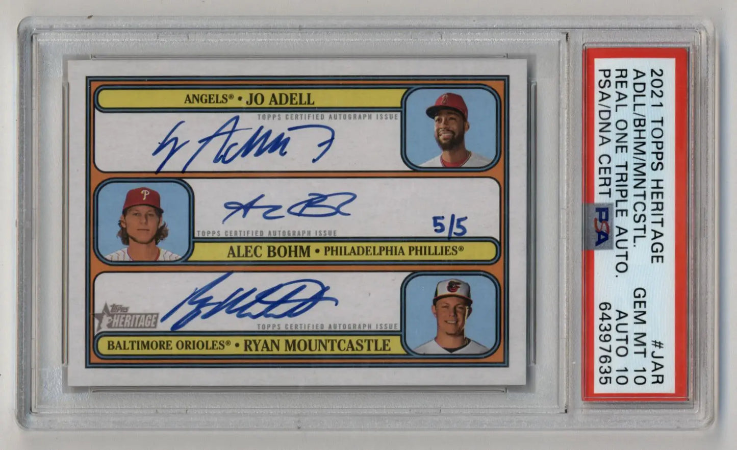 PSA-graded 2021 Topps Heritage Adell Bohm Mountcastle triple auto Gem Mint 10