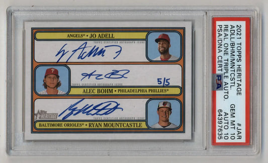 PSA-graded 2021 Topps Heritage Adell Bohm Mountcastle triple auto Gem Mint 10