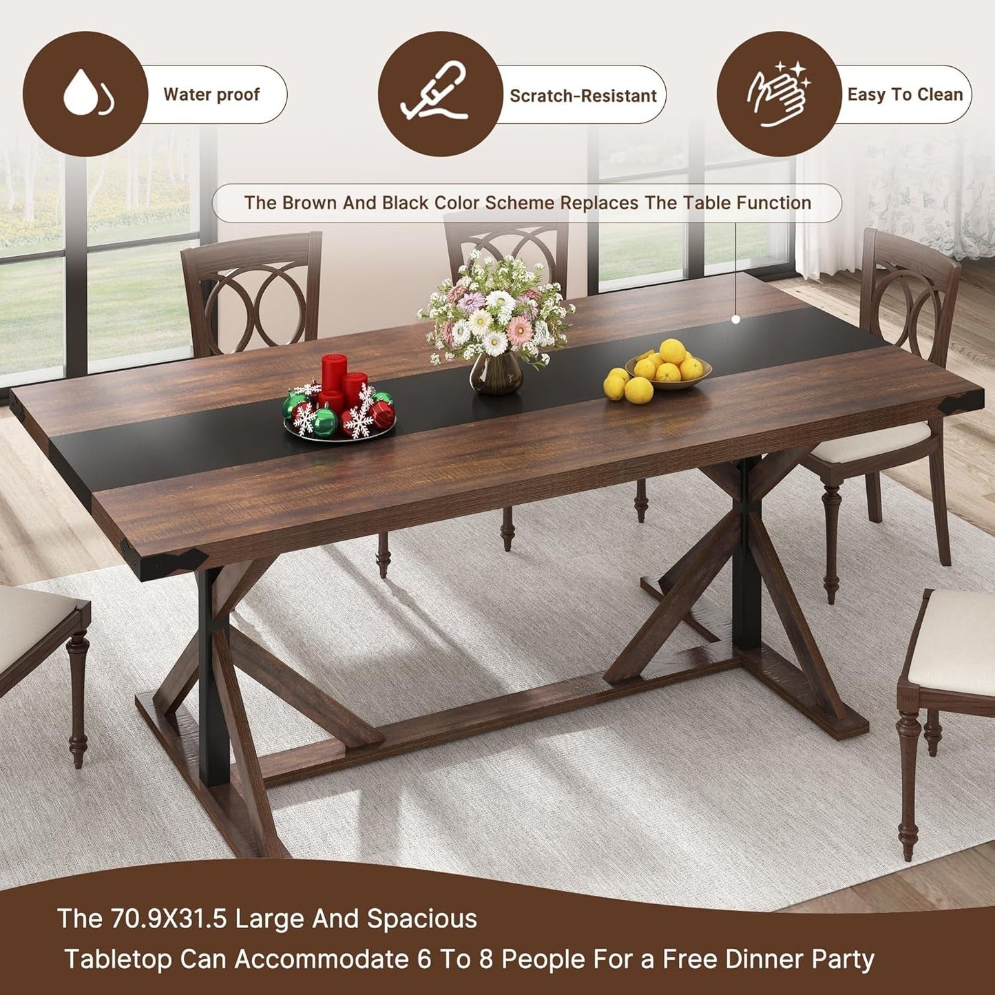 71" Farmhouse Dining Table for 5 6 8 People, Rectangular Kitchen Table W/Thickness Waterproof Wood Grain Tabletop (Brown, 71 X 35.4 X 30 In)-4