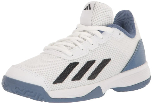 White Adidas Court Flash Tennis Shoe for Little Kids in Black and Blue, Unisex Design