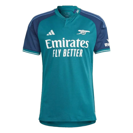 Teal and navy adidas mens soccer Arsenal 23/24 third jersey made with recycled materials