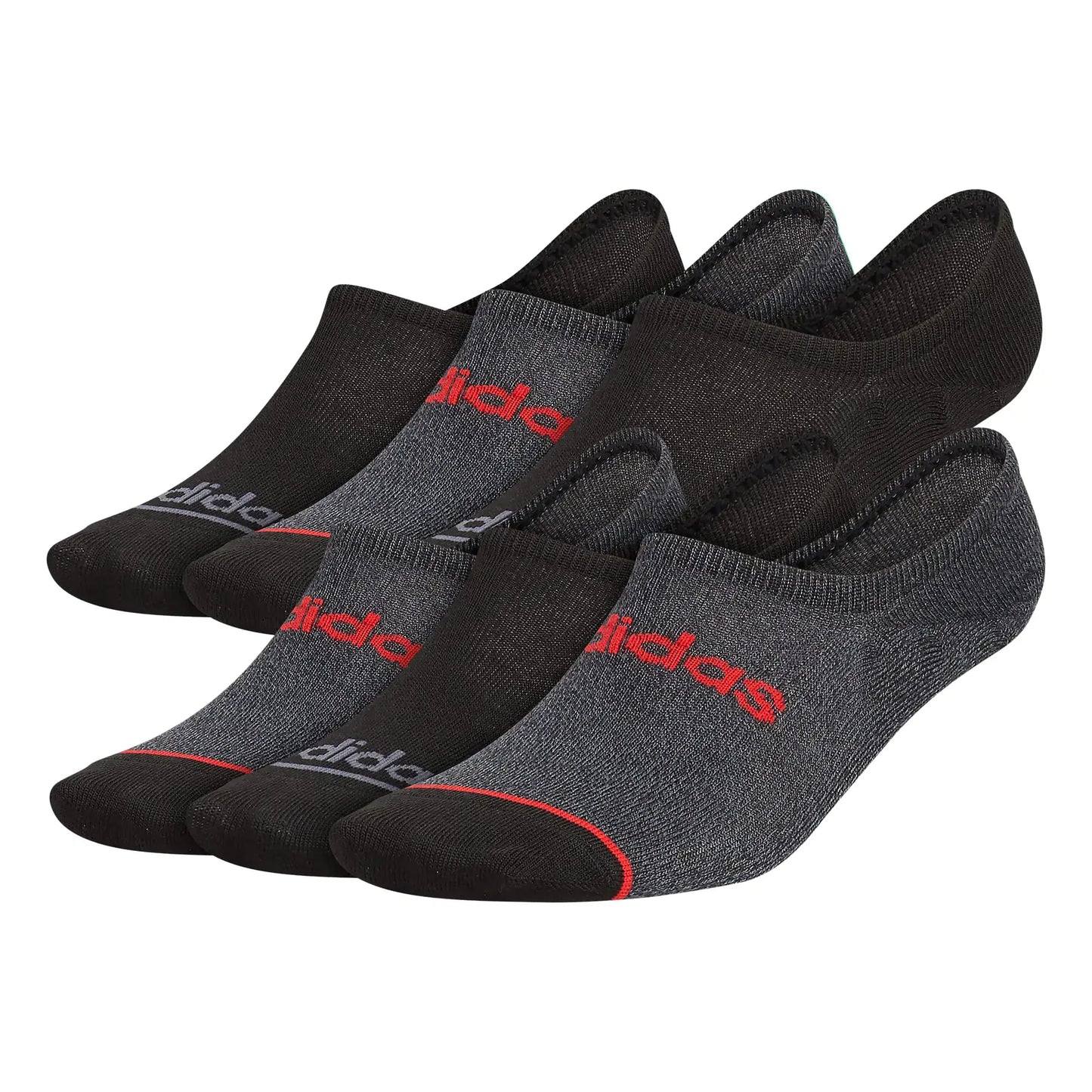 Six pairs of adidas Mens Superlite Linear 3.0 Super No Show Socks in black, onix grey, and vivid red