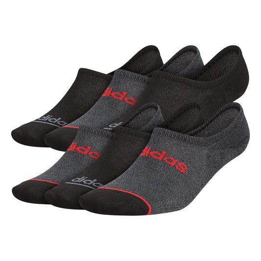 Six pairs of adidas Mens Superlite Linear 3.0 Super No Show Socks in black, onix grey, and vivid red