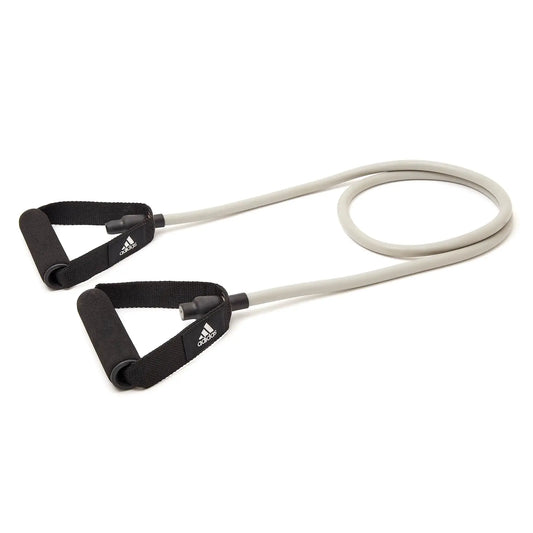 Gray adidas resistance bands with black comfort grip handles for effective workout equipment