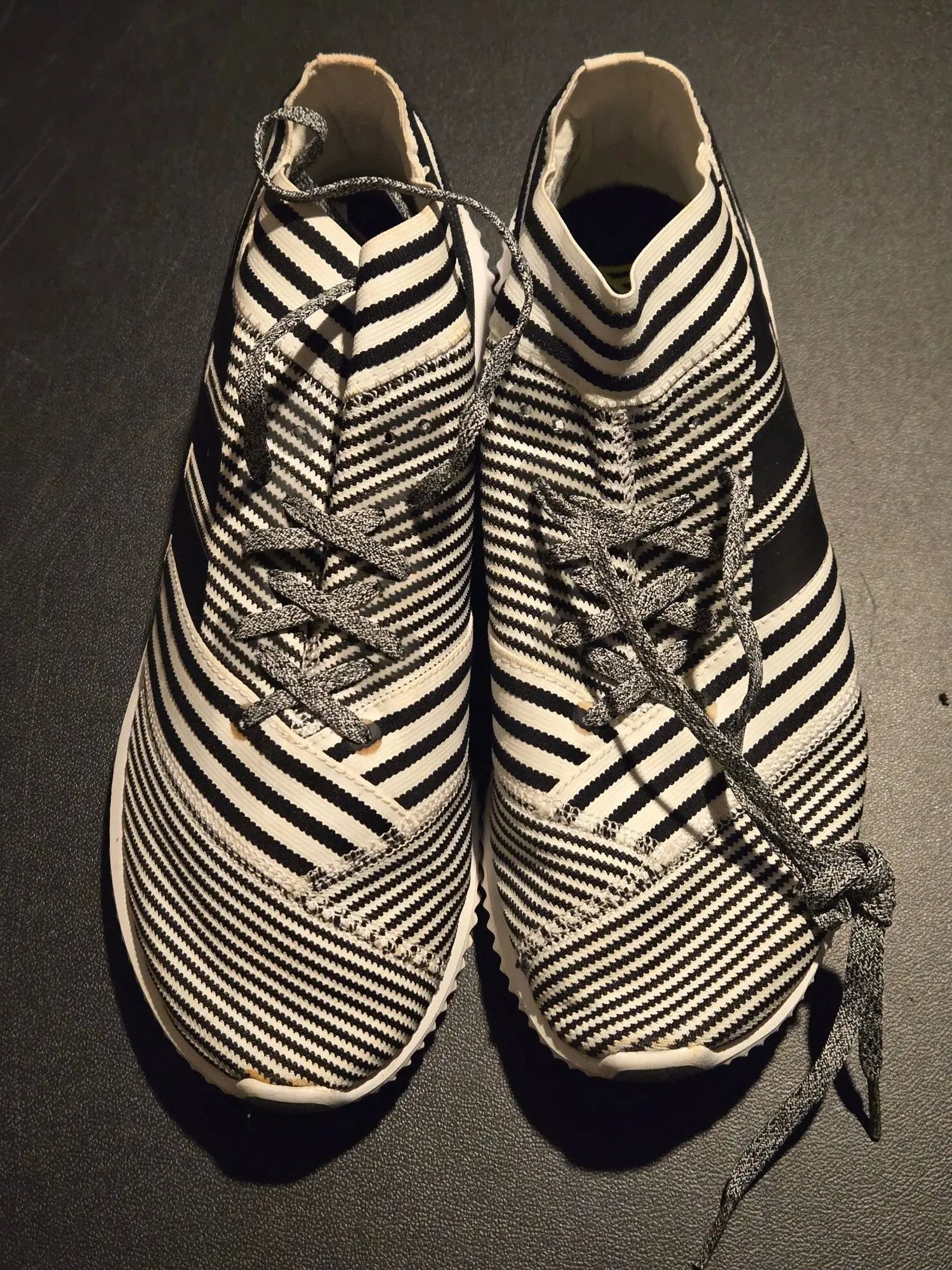 Black and white striped adidas sneakers mens slip-on athletic shoes with gray laces