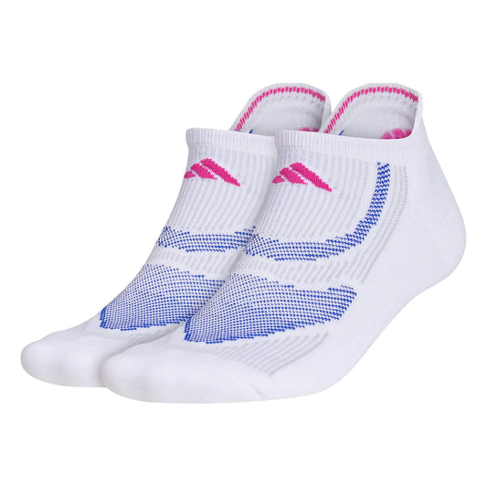 White adidas Superlite Performance Tabbed No Show Running Socks with pink and blue accents