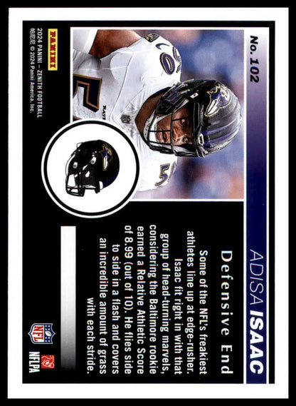 Football trading card of Adisa Isaac from Panini Zenith 2024 Baltimore Ravens rookie set
