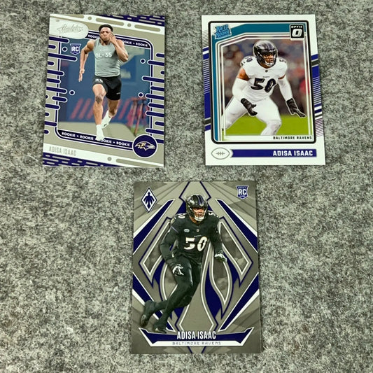Three Adisa Isaac rookie football cards from the Baltimore Ravens complete set