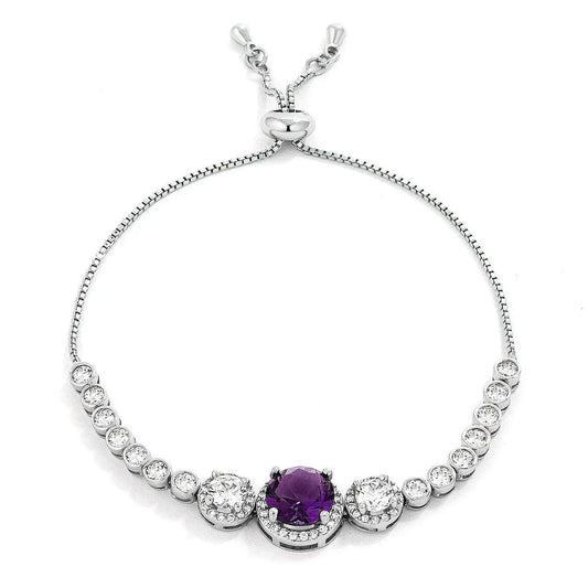 Adjustable Rhodium Plated Graduated Purple & Clear CZ Bolo Style Tennis Bracelet - Bracelets