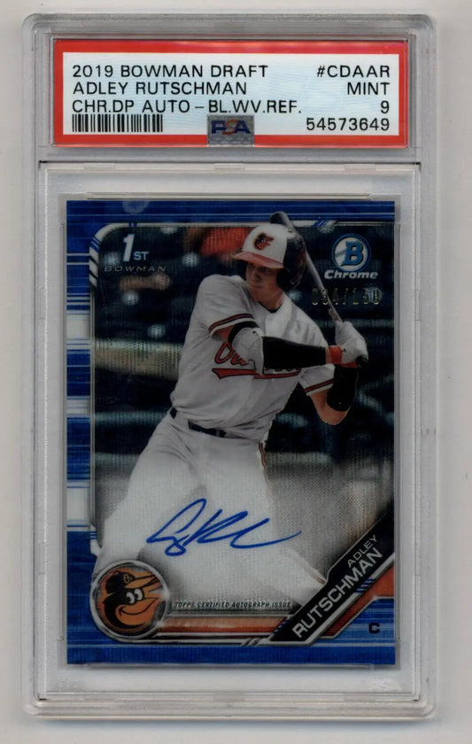 PSA-graded Adley Rutschman 2019 Bowman Chrome Draft Picks Blue Auto in case