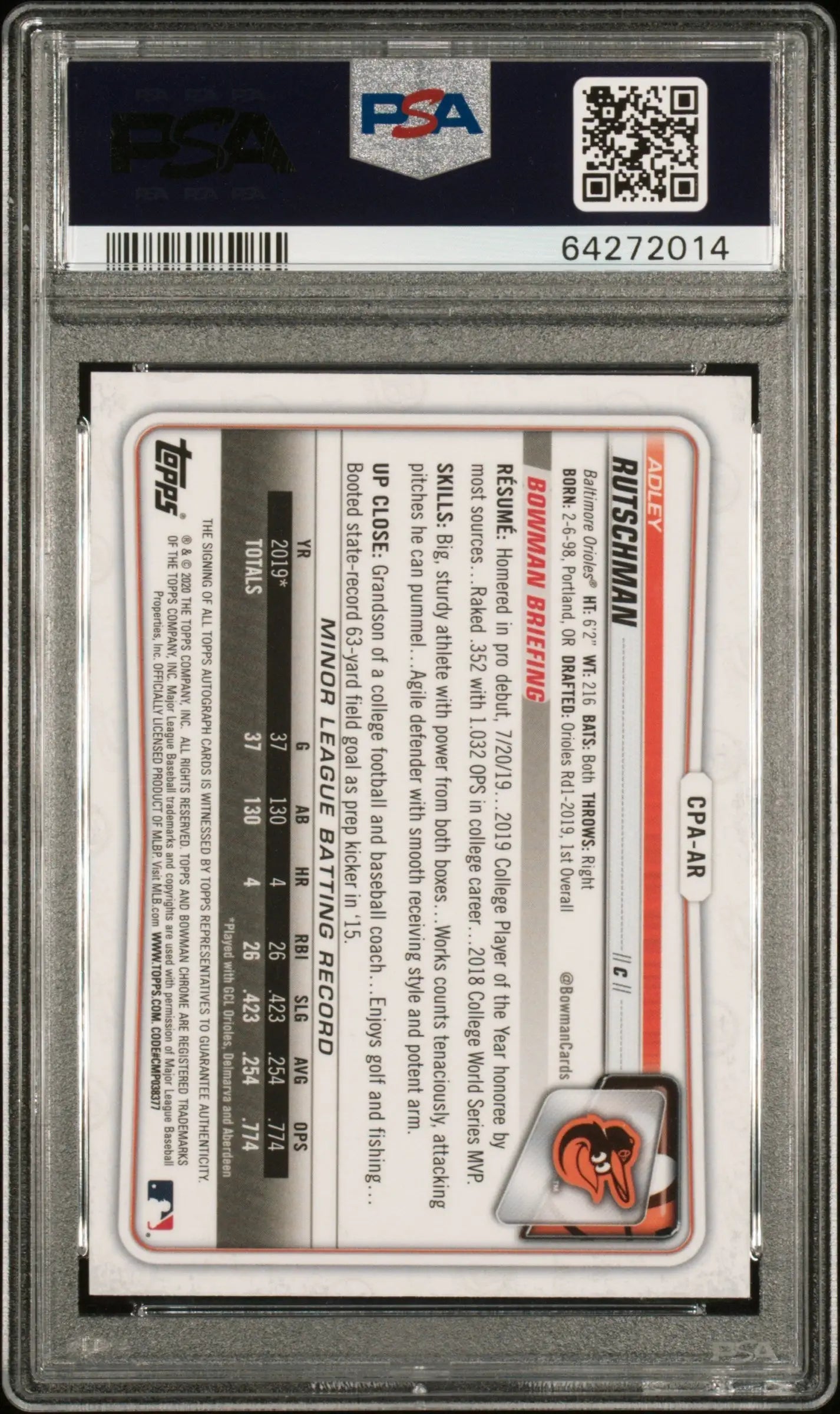 Adley Rutschman 2020 Bowman Chrome Auto PSA 9 Auto 10 - Singles