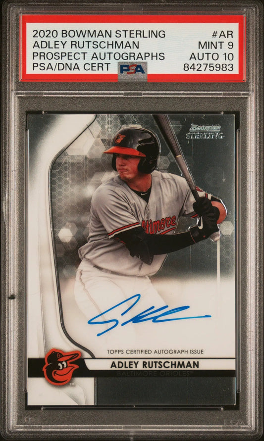 PSA-graded Adley Rutschman 2020 Bowman Sterling Auto card in gray Orioles uniform