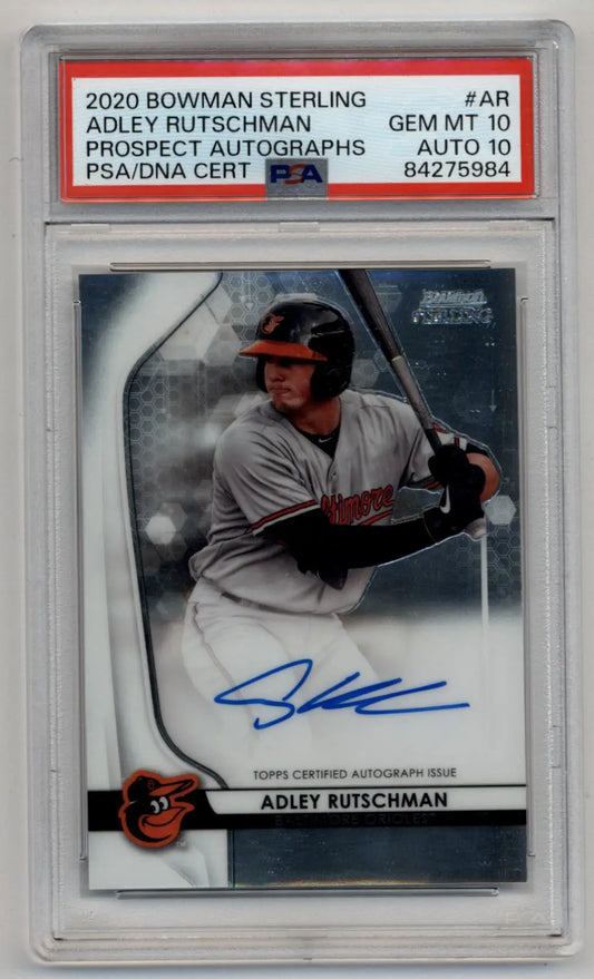 Graded 2020 Bowman Sterling Prospect Auto Adley Rutschman baseball card with autograph