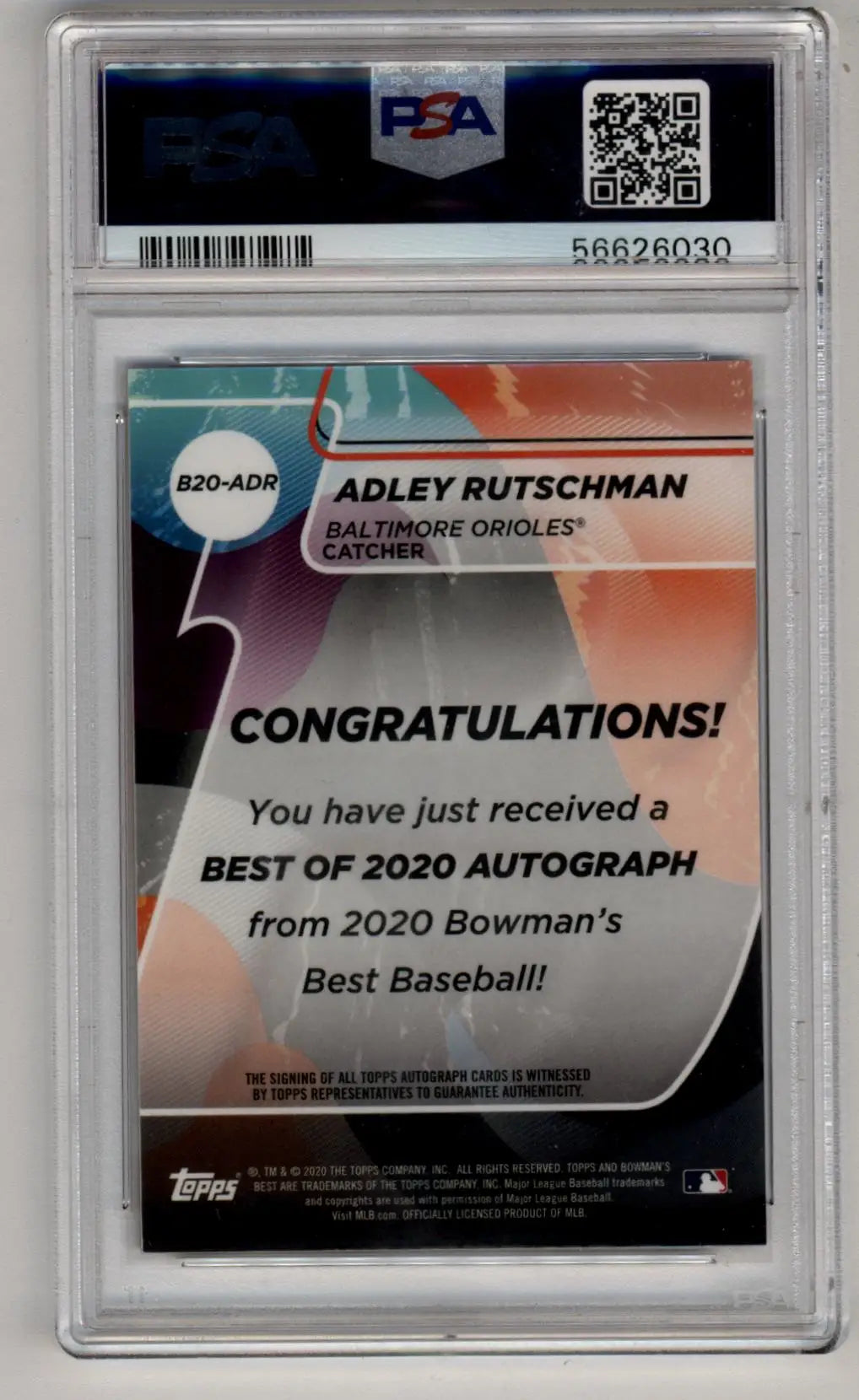 Graded trading card featuring Adley Rutschman autos PSA Gem Mint 2020 Bowman’s Best