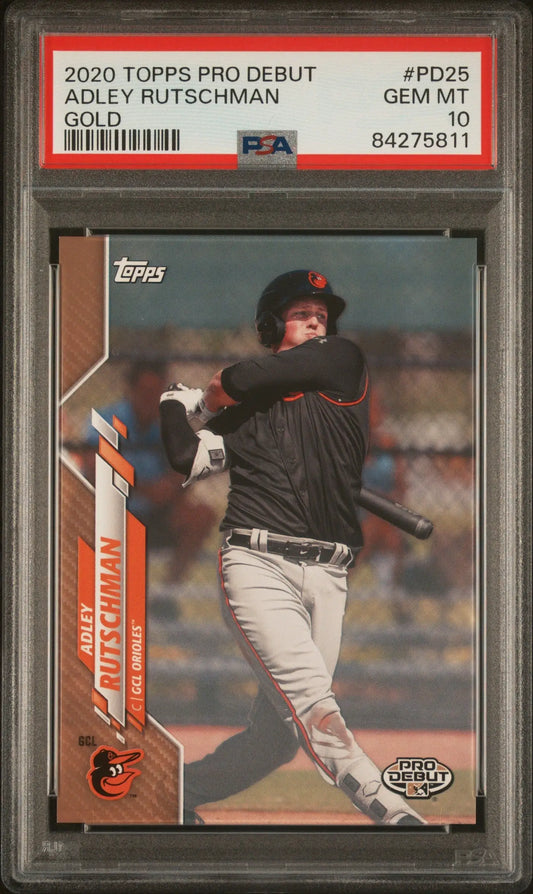 PSA 10 Gem Mint Adley Rutschman 2020 Topps Pro Debut Gold baseball card in case