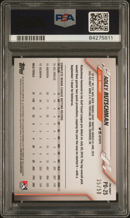 PSA graded Adley Rutschman 2020 Topps Pro Debut Gold trading card back in protective case