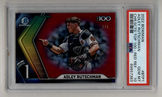 Graded Adley Rutschman Bowman Chrome Scouts Top 100 Red Refractors card in PSA 10