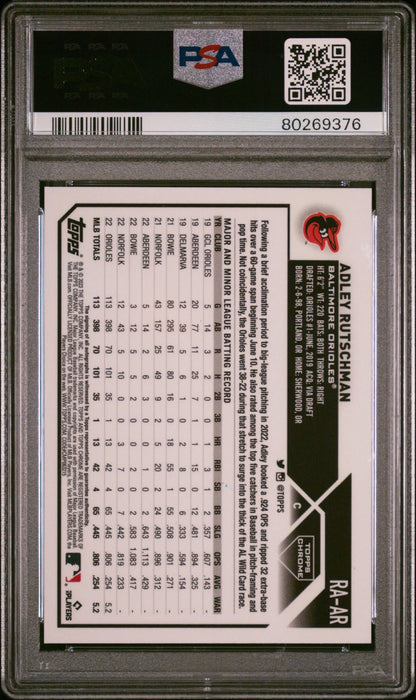 Baseball trading card of Adley Rutschman in Topps Chrome Auto PSA 10 protective case