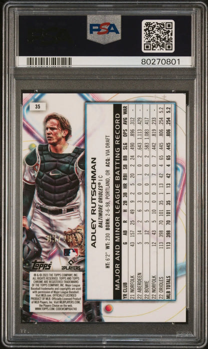 Adley Rutschman 2023 Topps Chrome Cosmic Orange Galactic Refractor baseball card celebration