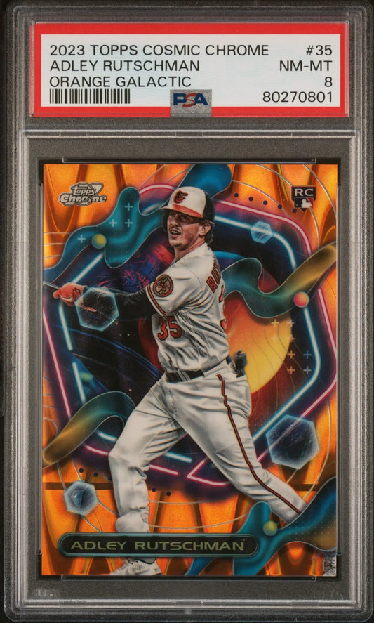 Adley Rutschman 2023 Topps Chrome Cosmic Orange Galactic Refractor card PSA 8