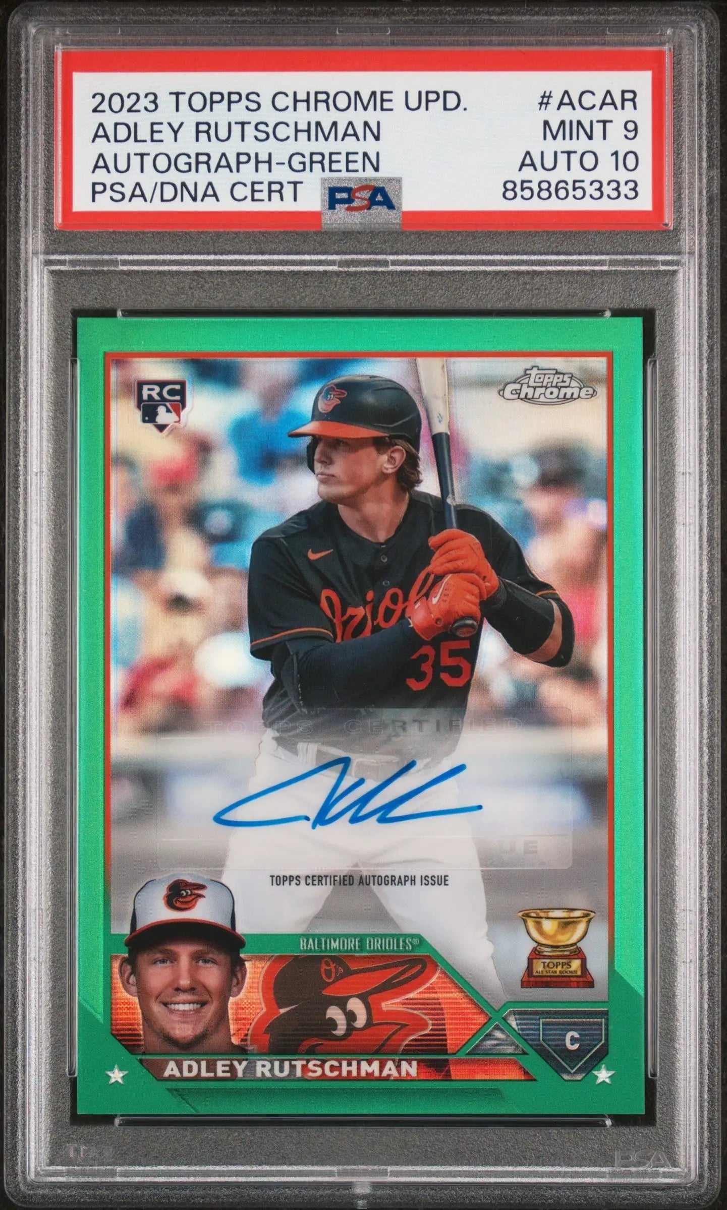 Autographed Adley Rutschman baseball card with green border from Topps Chrome Update Green Refractor series