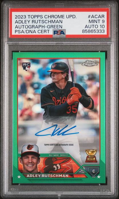 Autographed Adley Rutschman baseball card with green border from Topps Chrome Update Green Refractor series