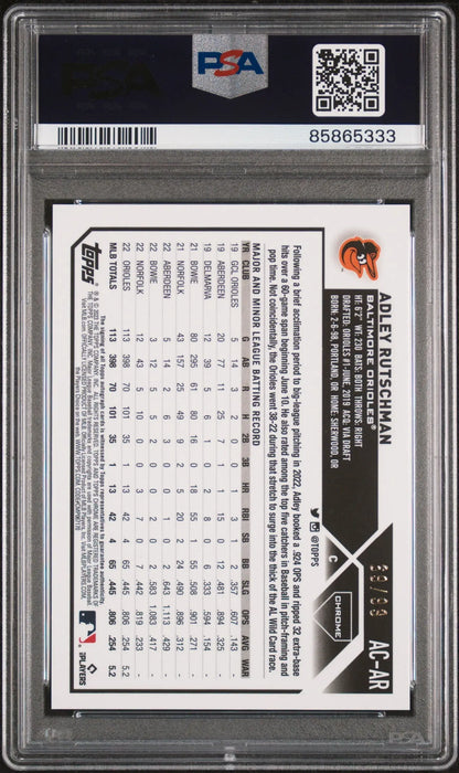 Back side of Adley Rutschman Topps Chrome Update Green Refractor Auto in PSA holder