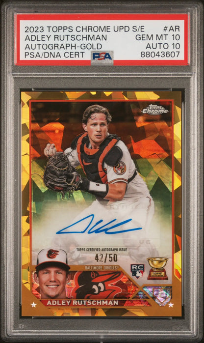 Adley Rutschman 2023 Topps Chrome Update Sapphire Gold Refractor Auto #42/50 PSA 10 Auto 10 - Singles