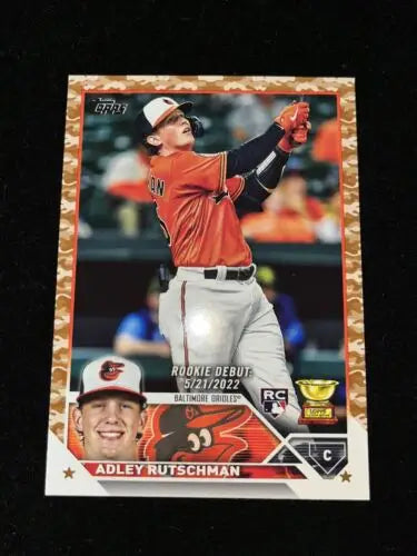 Adley Rutschman 2023 Topps Update US180 Memorial Day Camo Rookie Debut RC #/25 card