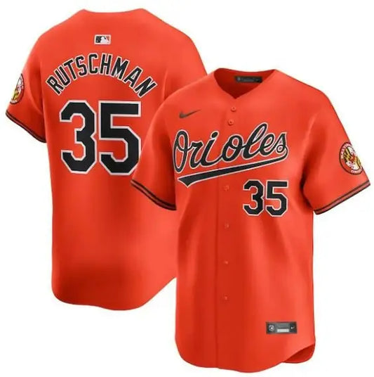 Orange Adley Rutschman Baltimore Orioles Nike Baseball Jersey displayed on a model