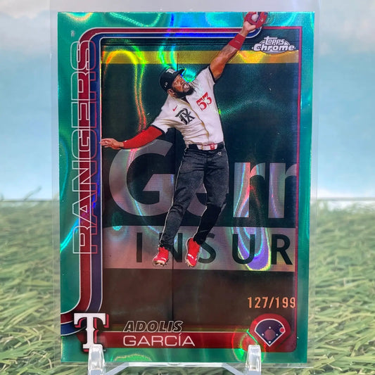 Green Topps Chrome Aqua Refractor baseball card of Adolis García Texas Rangers #293