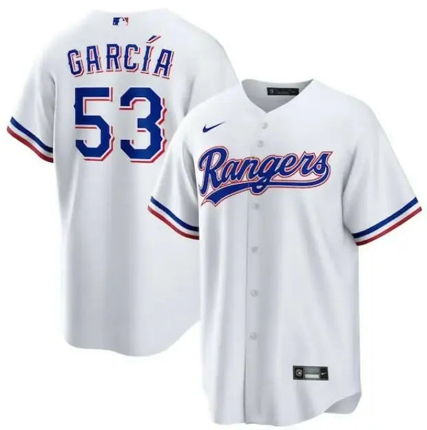 White Texas Rangers Nike home replica jersey with GARCIA and 53 on the back