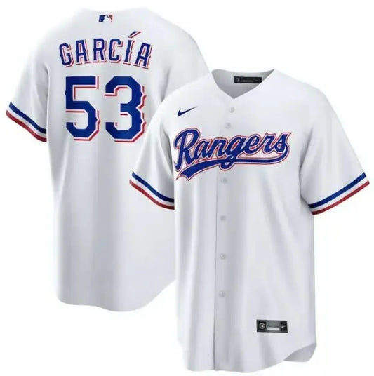 White Texas Rangers Nike home replica jersey with GARCIA and 53 on the back