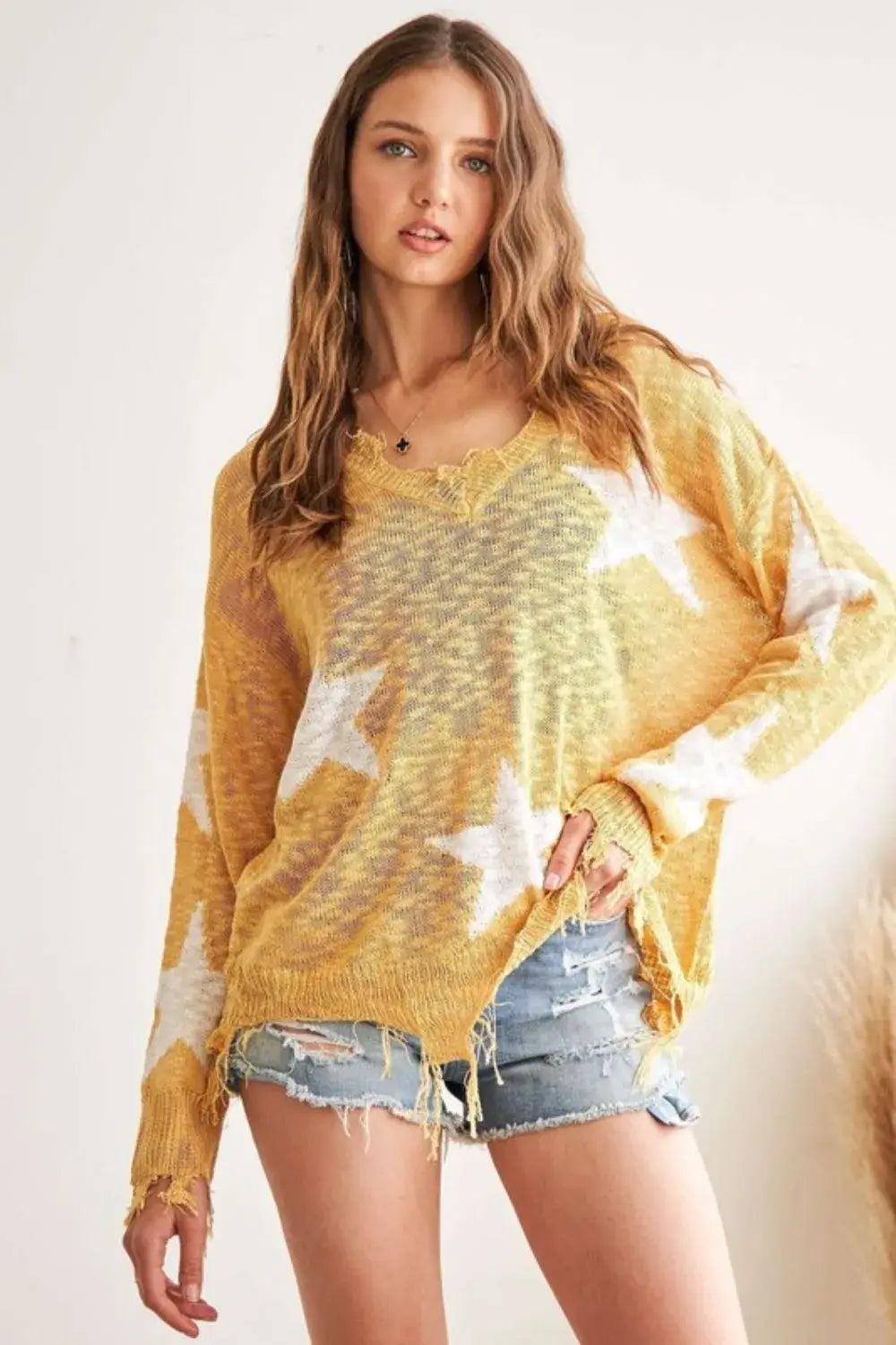 ADORA Distressed Star Sweater Top - YELLOW / S
