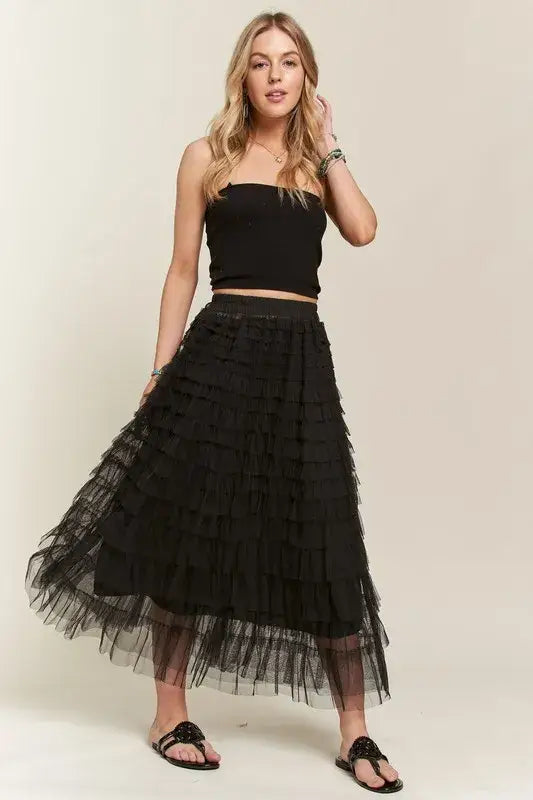 Black layered mesh midi skirt with elastic waist and strapless top set for stylish wear